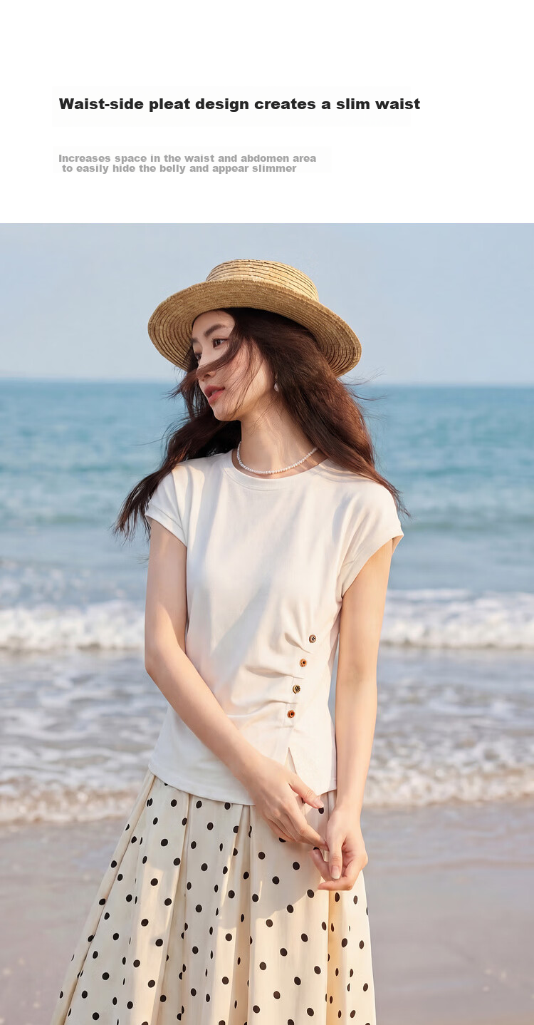 Shangdubila Cotton Blend Crew Neck Youthful T-Shirt for Women Spring Summer Side Slit Slim Fit Knitted Top Color-Block Button Pleated Women's Wear 6