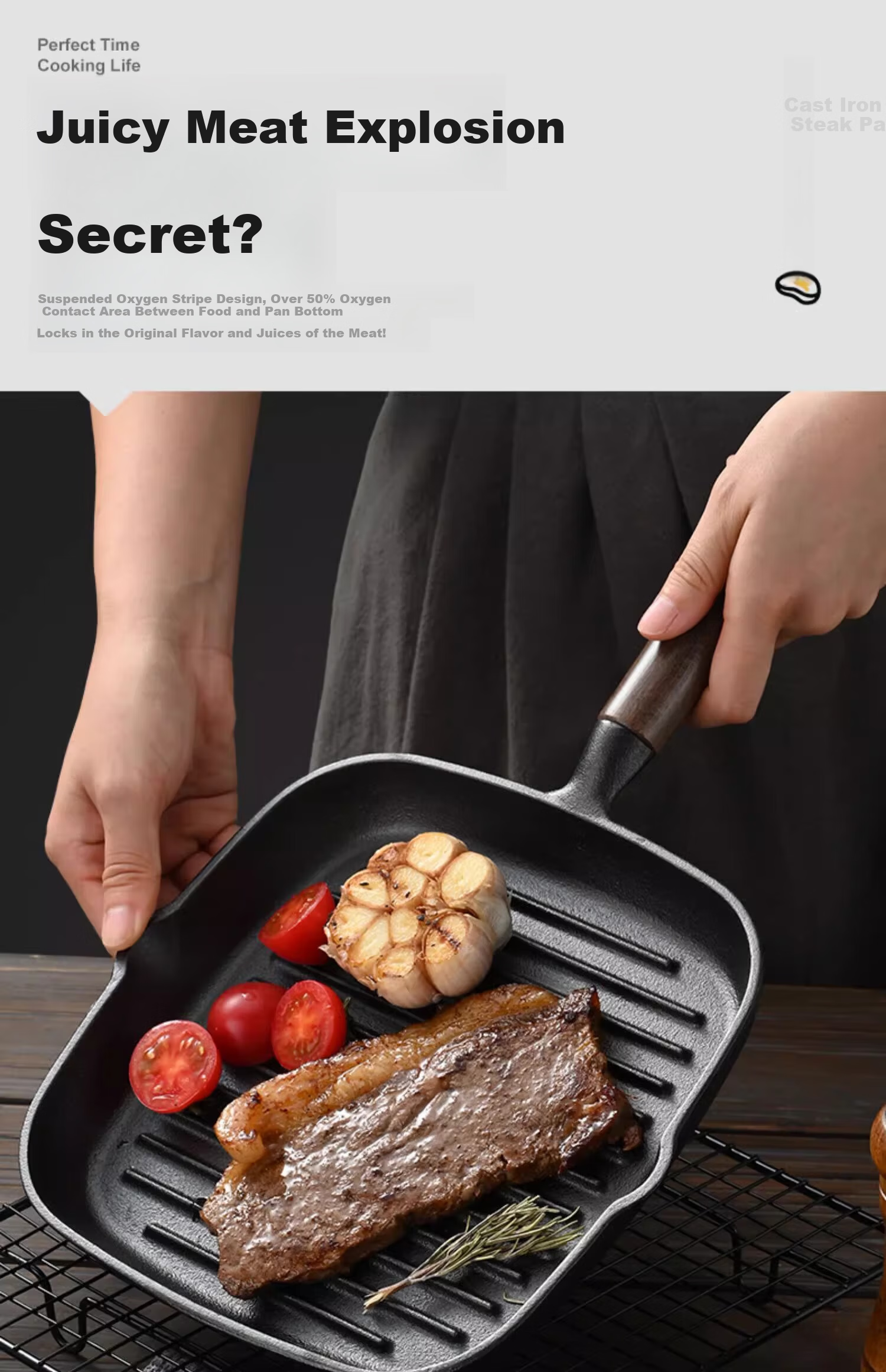 PAKCHOICE Steak Frying Pan Breakfast Cast Iron Skillet Non-Coated Flat Pan 23cm Compatible with Gas Stove and Induction Cooker 12