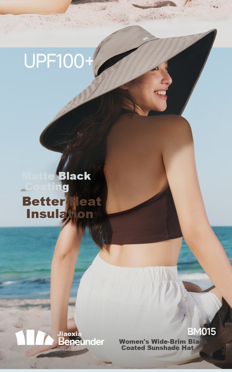 Beneunder Women's Extra Large Brim Black Coated Sun Protection Umbrella Hat Shoulder Cover UV Protection Compact Storage Matte Black 2