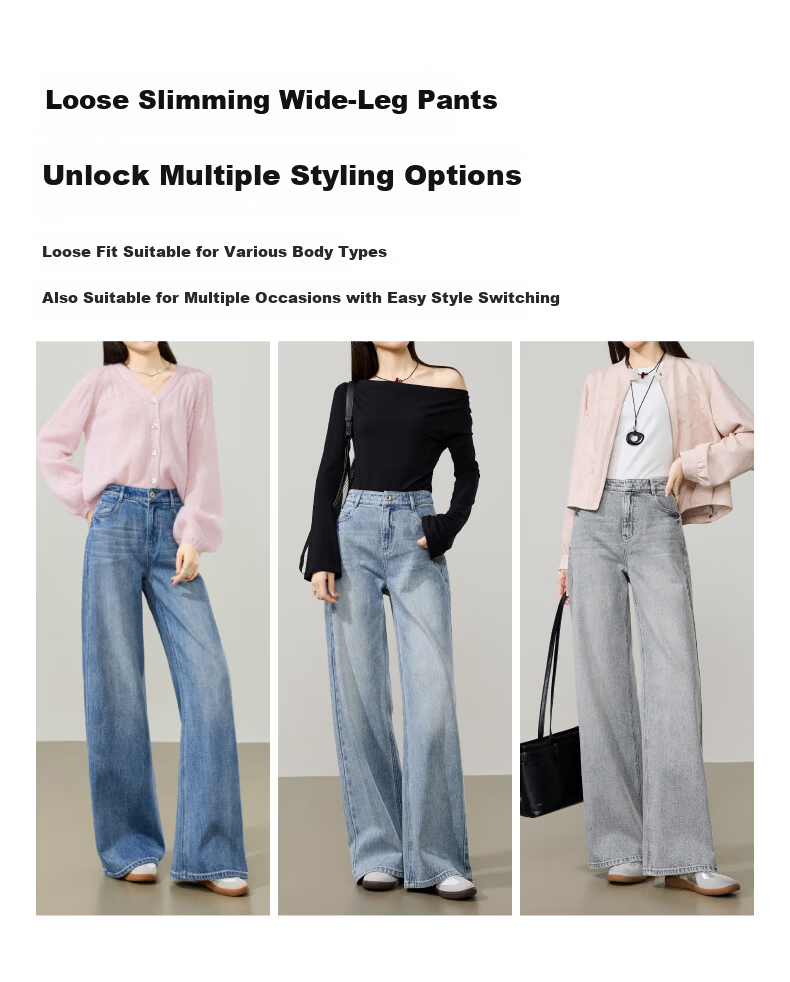 ESE-Y Slimming Wide-Leg Pants for Women 26 Spring New Lightning Wash Vintage Twill Denim Straight-Leg Pants Blue 29 15