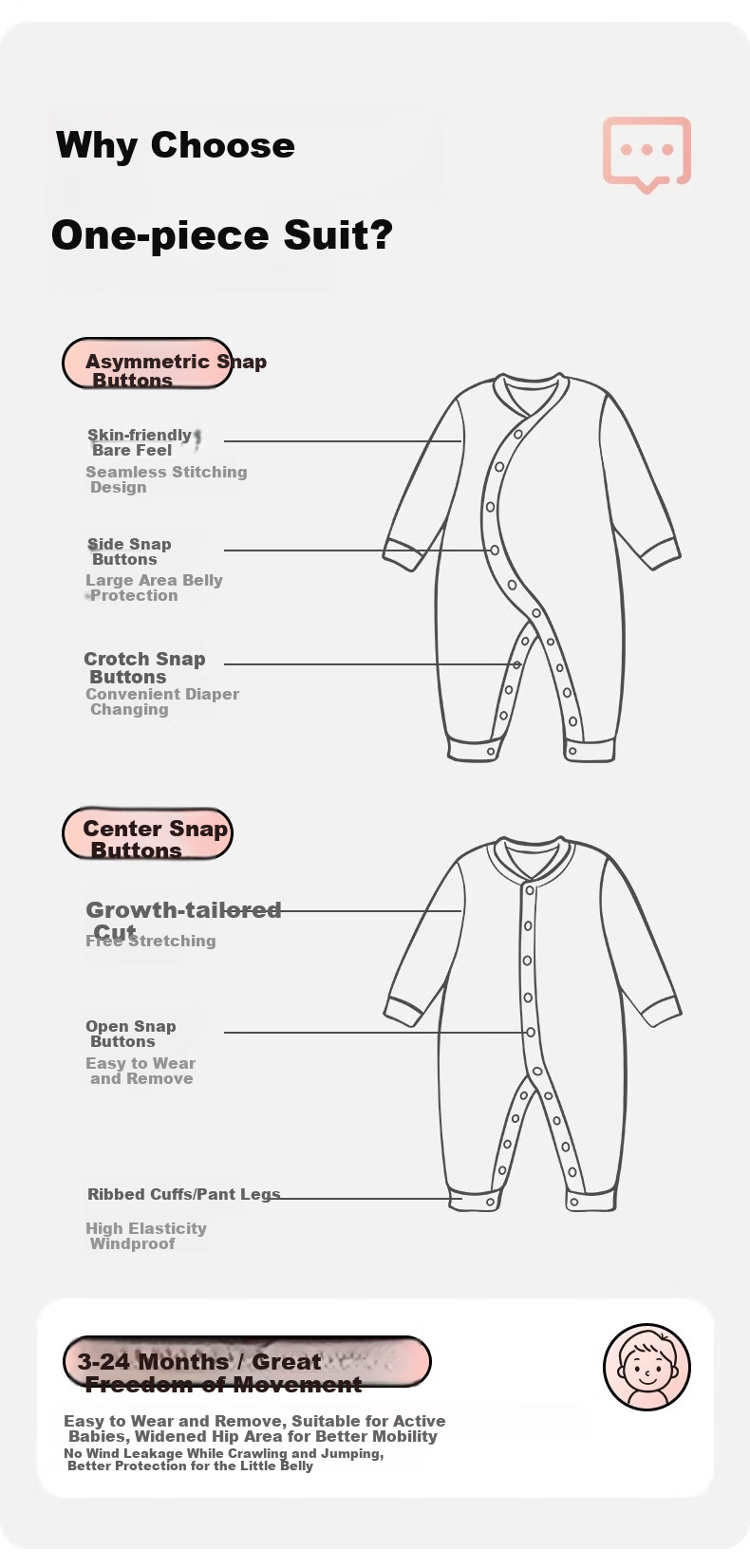 AIBEDILA Newborn Baby Romper Spring And Autumn Style, Pure Cotton Onesie, Unisex Baby Mid-Open Crawling Suit, Early Autumn Bodysuit, Size 90 2