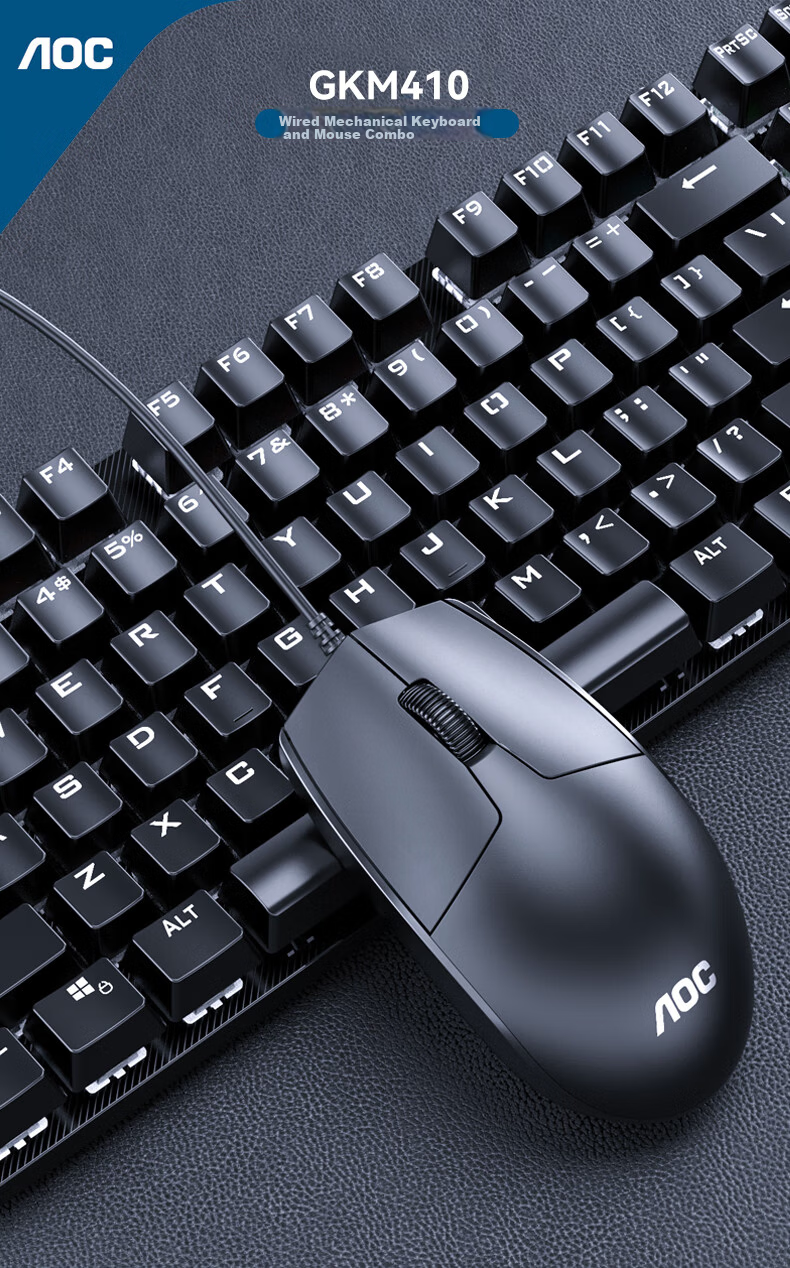 AOC GKM410 Mechanical Keyboard and Mouse Combo Wired Gaming Office Full-Size Black Blue Switch 3