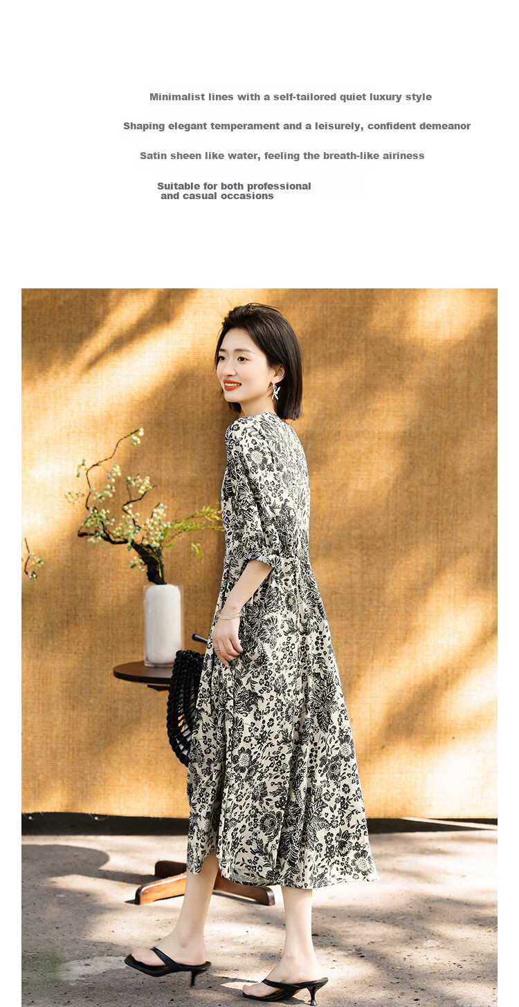 Demana Vintage Aesthetic Summer Urban Commuter Round Neck Printed Mid-Sleeve Satin Slim Fit Dress for Women High-End Feel 4