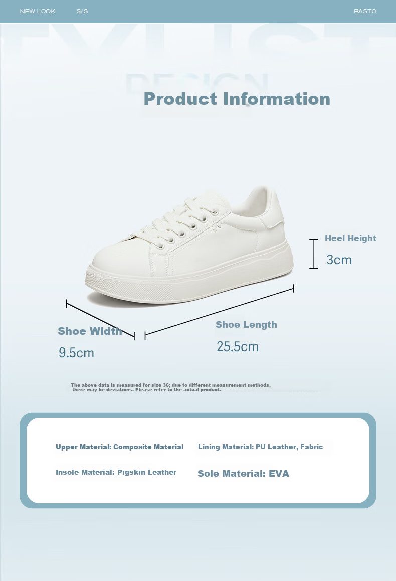 BASTO 26 Spring White Sneakers Elevated Thick Sole College Simple Casual Sports Outdoor Women's Shoes W6072AM6 Off-White Size 34 5