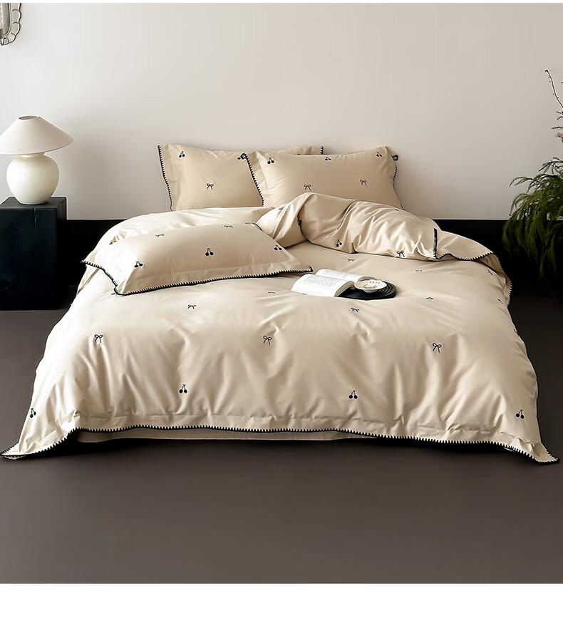 MUJI 100% Cotton 4-Piece Bedding Set Bed Sheet Pillowcase Duvet Cover 200x230cm for 1.5/1.8m Bed - Light Green Plaid 25