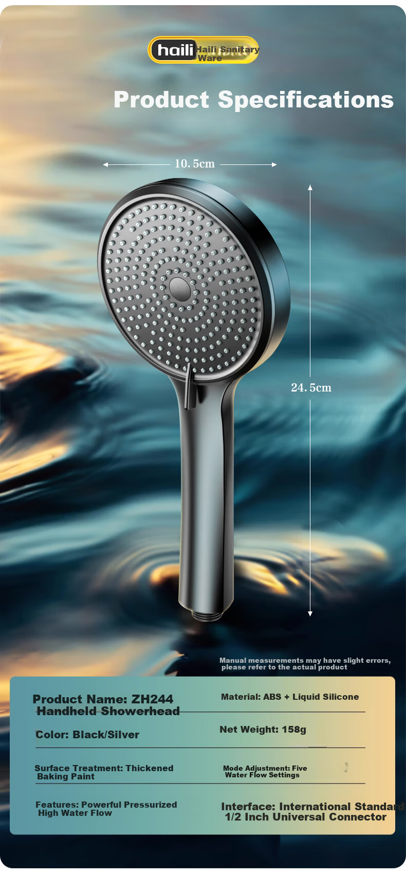 Haili German Black High-Pressure Large Panel Shower Head with Booster Bathroom Heater Single Showerhead ZH244-H 10