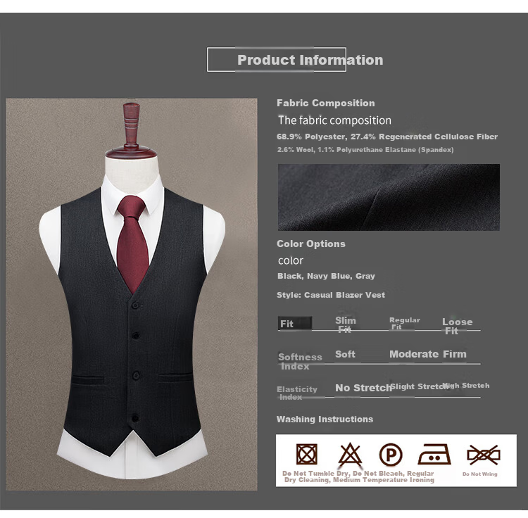 ROMON Wool Blend Men's Business Formal Suit Vest Black 4XL 8