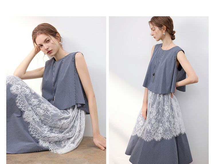 Demana [Cloud Oxygen Cotton Series] Summer Retro Plaid Lace Splice Sleeveless Flared Slim Fit Designer Women's Dress 10