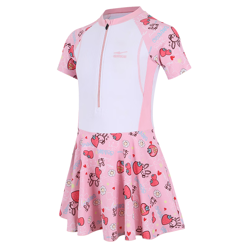 ERKE Children's Swimsuit, Girls' Short-Sleeve One-Piece Dress-Style Swimwear, Comfortable Breathable Beach Swimsuit for Girls