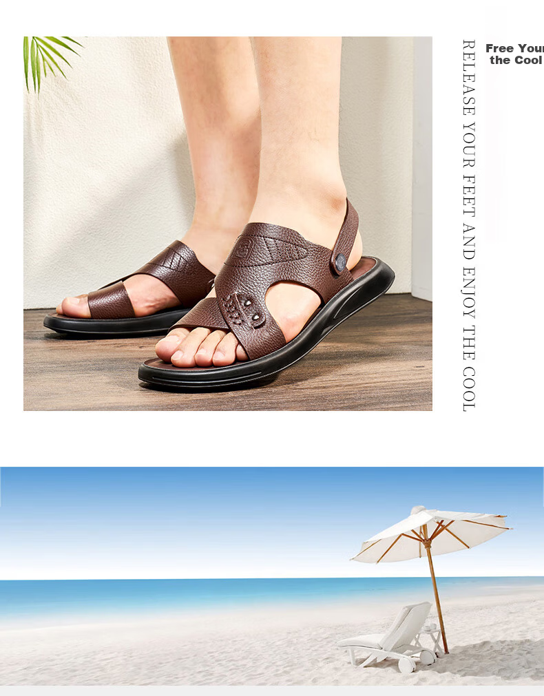 LAORENTOU Men's Summer Sandals Beach Shoes First Layer Cowhide Dual-Use Leather Sandals A90125 Brown Size 44 7