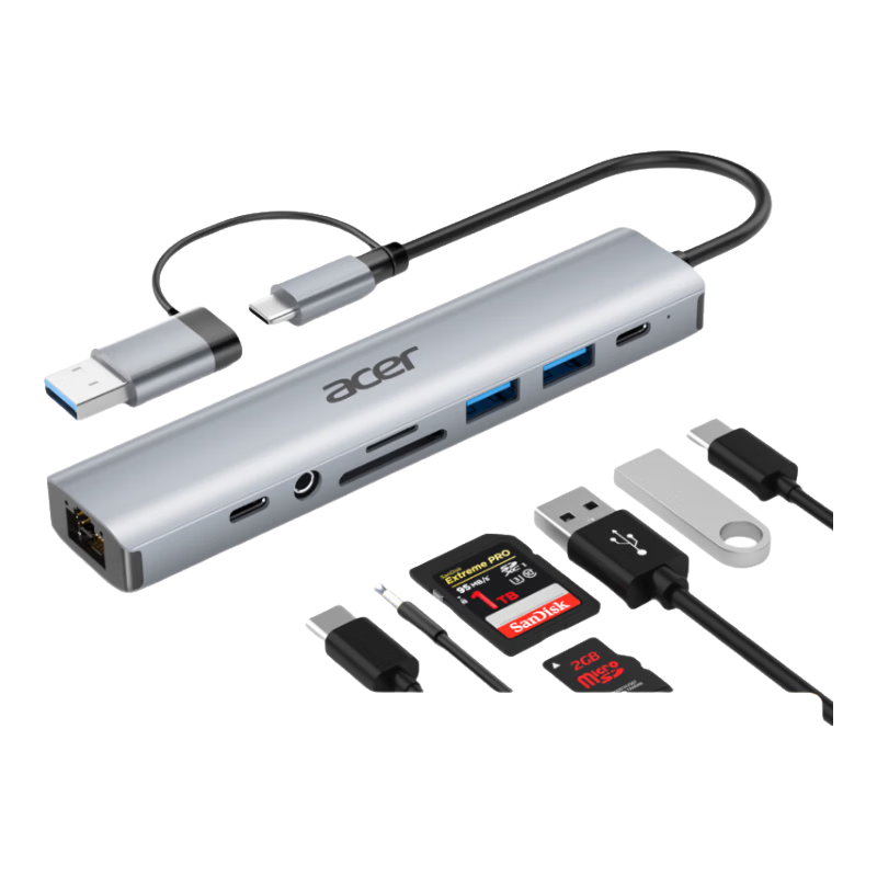 Acer Type-C 9-In Expansion Dock, USB Hub, Network Port Expander, Compatible with Laptops, MacBook, Huawei, Adapter Converter Dock with Card Reader