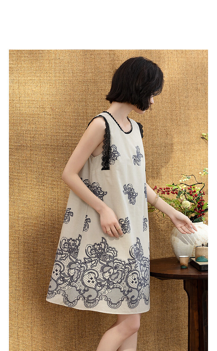Demana [Oxygen Pure Cotton] Summer Romantic Urban Style Sleeveless Printed Lace Loose Slim Dress for Women Premium Feel 11