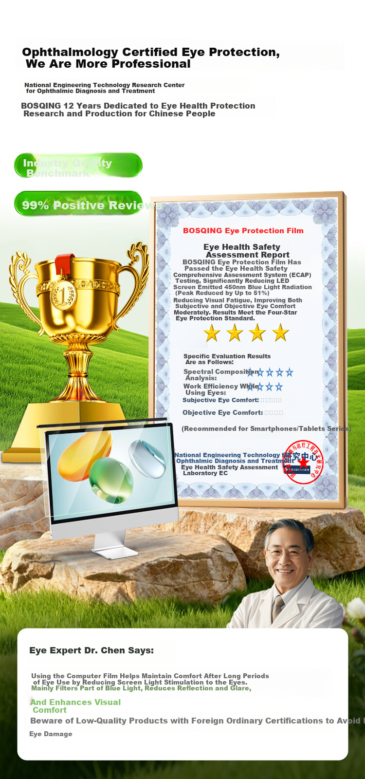 BOSQING Ophthalmology Center Certified Blue Light Blocking Computer Screen Protector Eye Protection Screen Film Hanging Anti-Glare Radiation Shield for 14-Inch Laptop Monitor 4