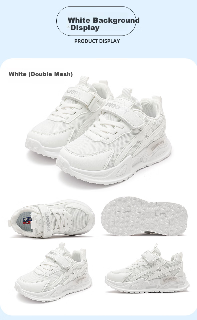 SNOOPY Spring and Autumn Children's Sports Shoes Girls Breathable Soft Sole White Shoes Boys Casual Mesh Shoes 0089 White Size 27 4
