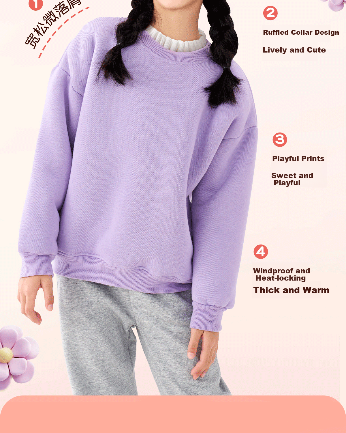 TonLion Girls' Ruffled Collar Fleece Sweatshirt Children's Winter Thickened Long Sleeve Warm Top Taro Purple 130 4