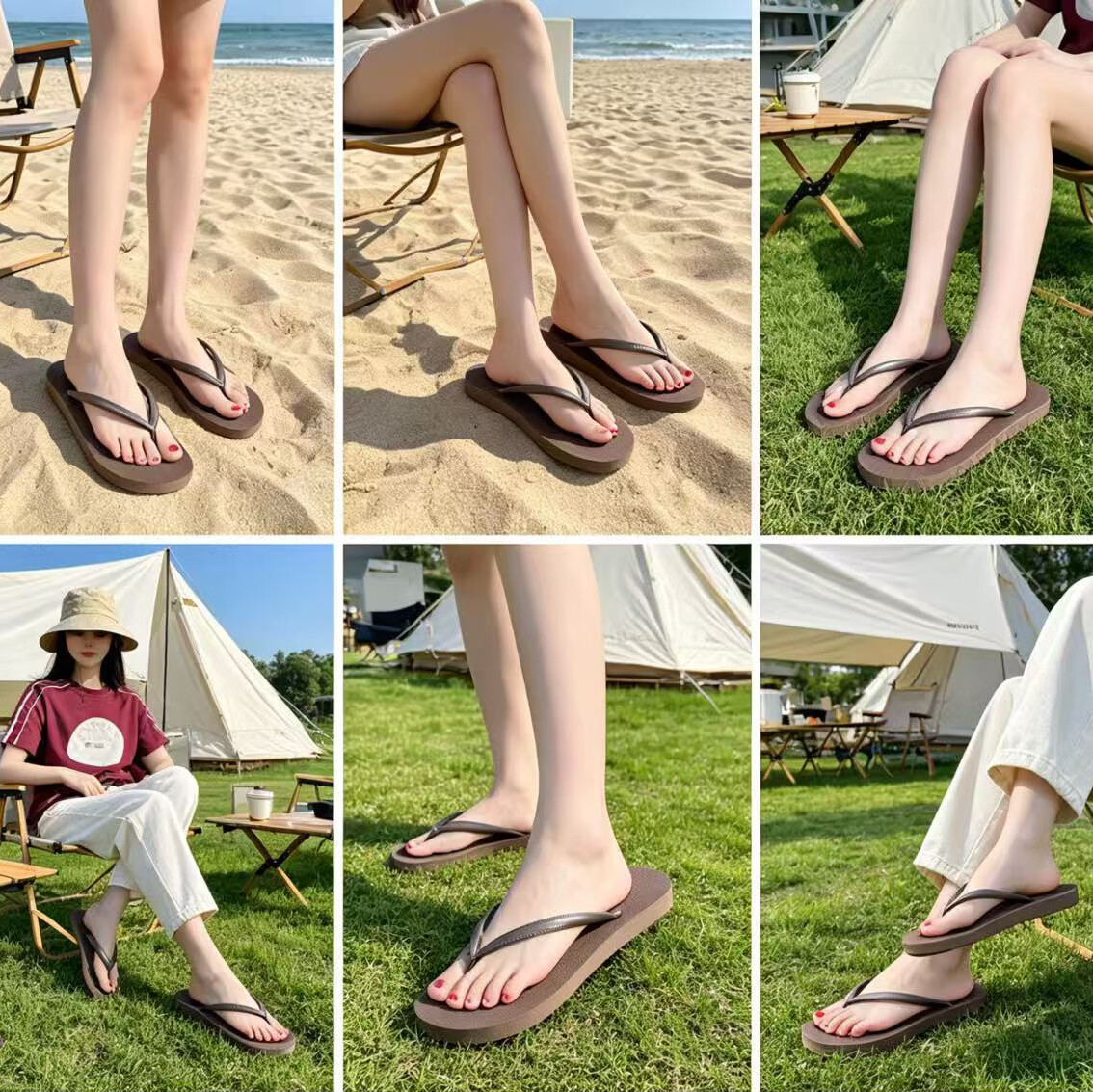 ZHIYING Women's Flip Flops Flat Non-Slip Soft Sole Simple Beach Shoes Brown Size 37-38 3