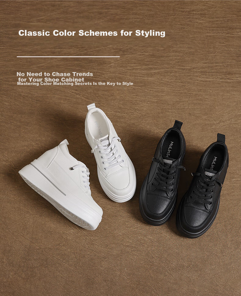 MULINSEN Women's New Thick-Soled Hidden Height Increase White Sneakers Spring Summer Casual Sports Shoes Slimming Versatile Black Size 36 5