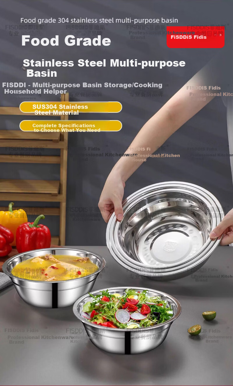 FISDDIS 304 Stainless Steel Soup Bowl Household Large Basin Kitchen Vegetable Washing and Seasoning Bowl Thickened Food Grade Marinating Bowl 14cm 1
