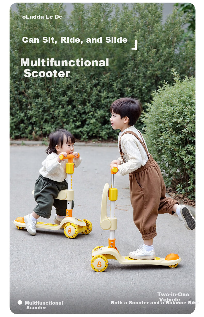 Le Little Yellow Duck Children's Scooter 1-3-6 Years Old Kids 2-in-1 Ride-On and Push Scooter Baby Boys and Girls Birthday Gift 1