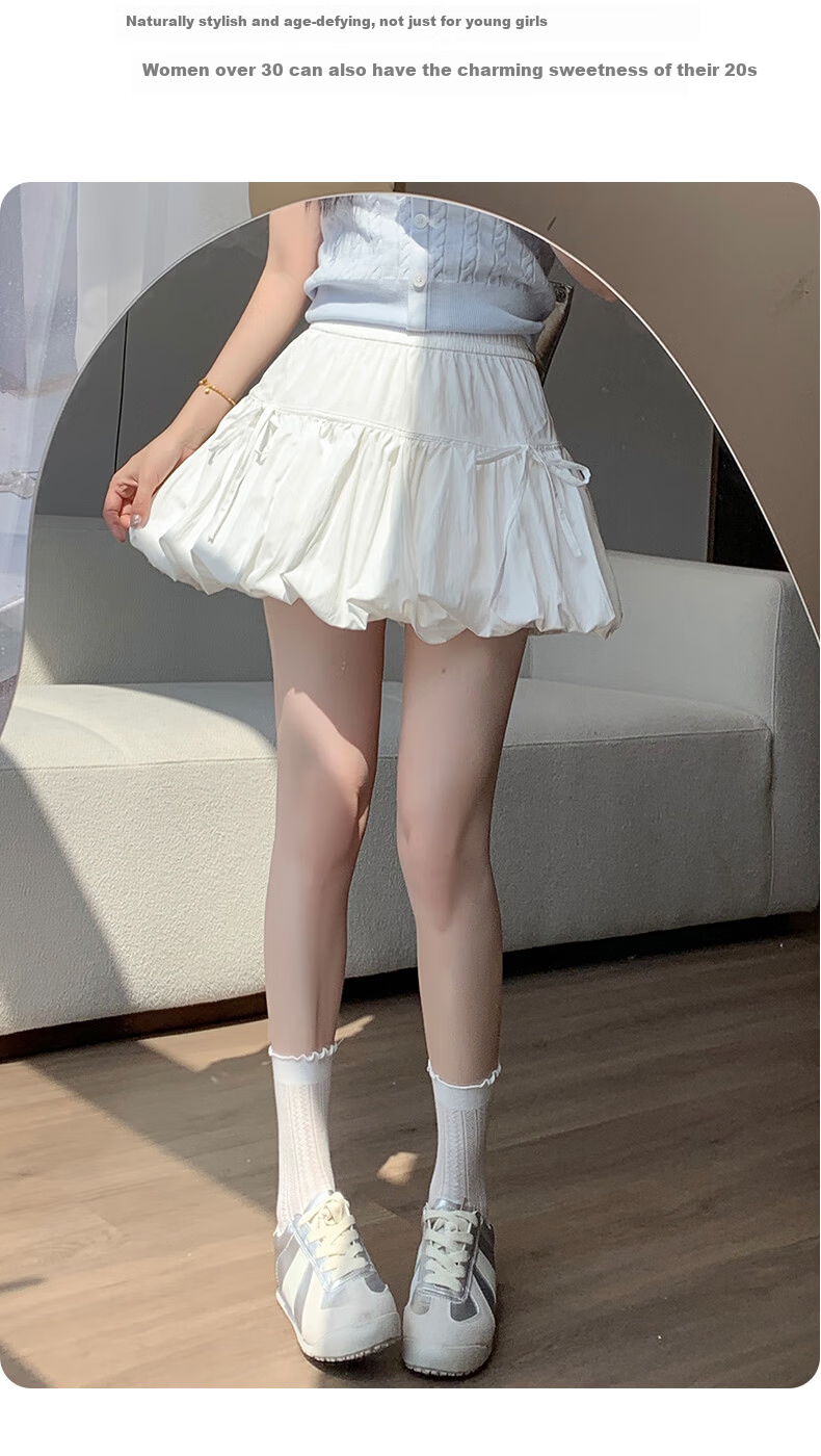 BOPRUIEY White Bud Short Skirt Women's Summer Anti-Exposure High-Waist Cloud Puff A-Line Skirt with Bow 5