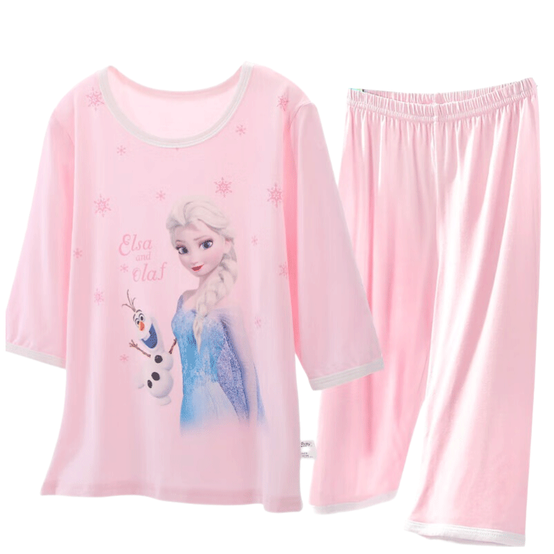 Disney Frozen Girls' Summer Thin Pajamas, Elsa Princess Modal Mid-Sleeve Loungewear Set