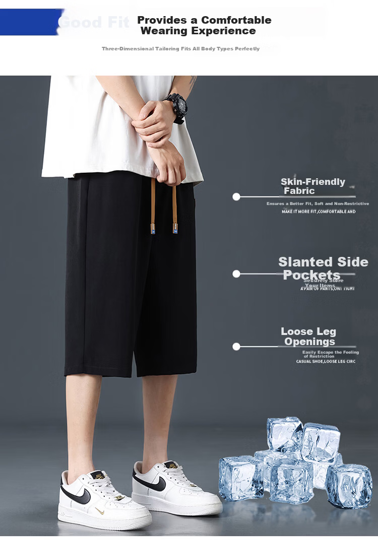 Cotton Casual Men's Loose Sports Trendy Seven-Point Cool Ice Silk Shorts Black XL 3