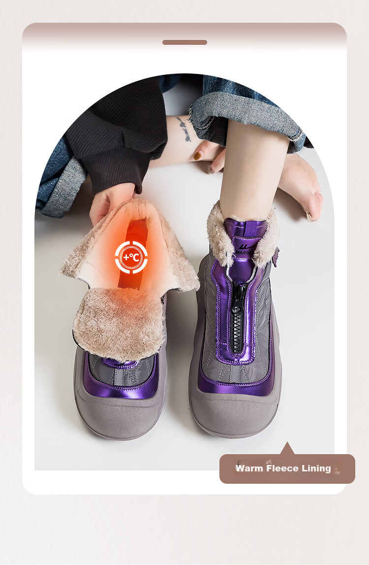 Warrior Official Women's Snow Boots 2025 Winter Fleece Warm Thick Sole Versatile Boots Gray Purple Size 39 3