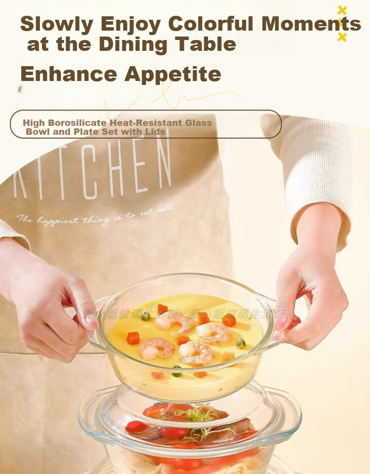PINYU Glass Double-Handle Transparent Glass Bowl with Lid Microwave Safe Heat-Resistant Soup Bowl Noodle Bowl Salad Bowl Instant Noodle Steamed Egg Custard Bowl 20