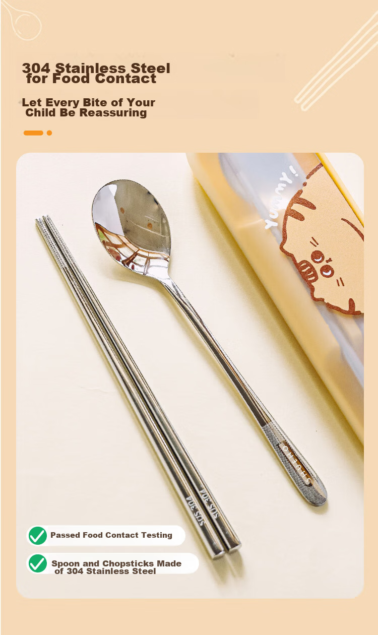 Shuke Orange Cat Tableware Box for Elementary School Students, Portable Stainless Steel Chopsticks And Spoon Set for Children, Suitable for Individual Use 2