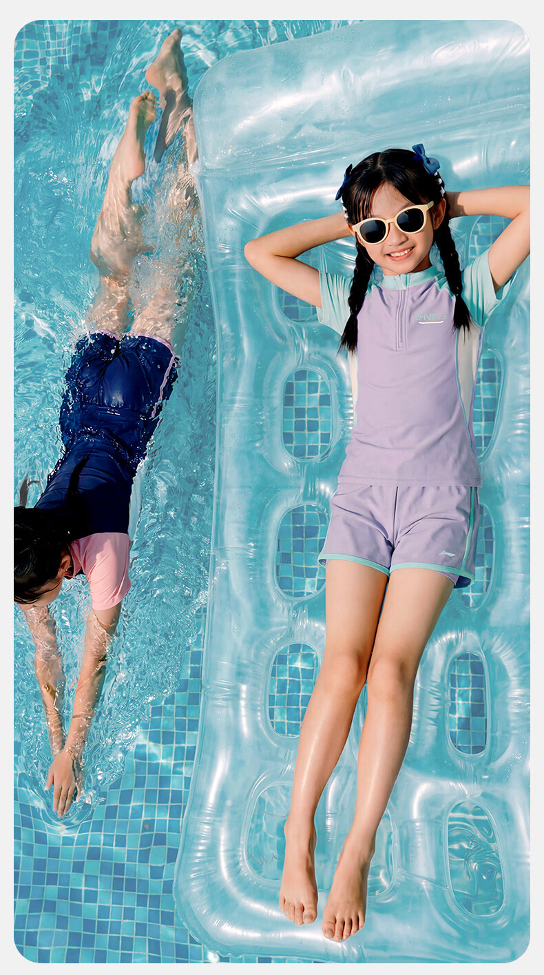 LI-NING Kids Girls Two-Piece Short Sleeve Breathable Youth Swimwear 1431 Blue Purple Size 140 7