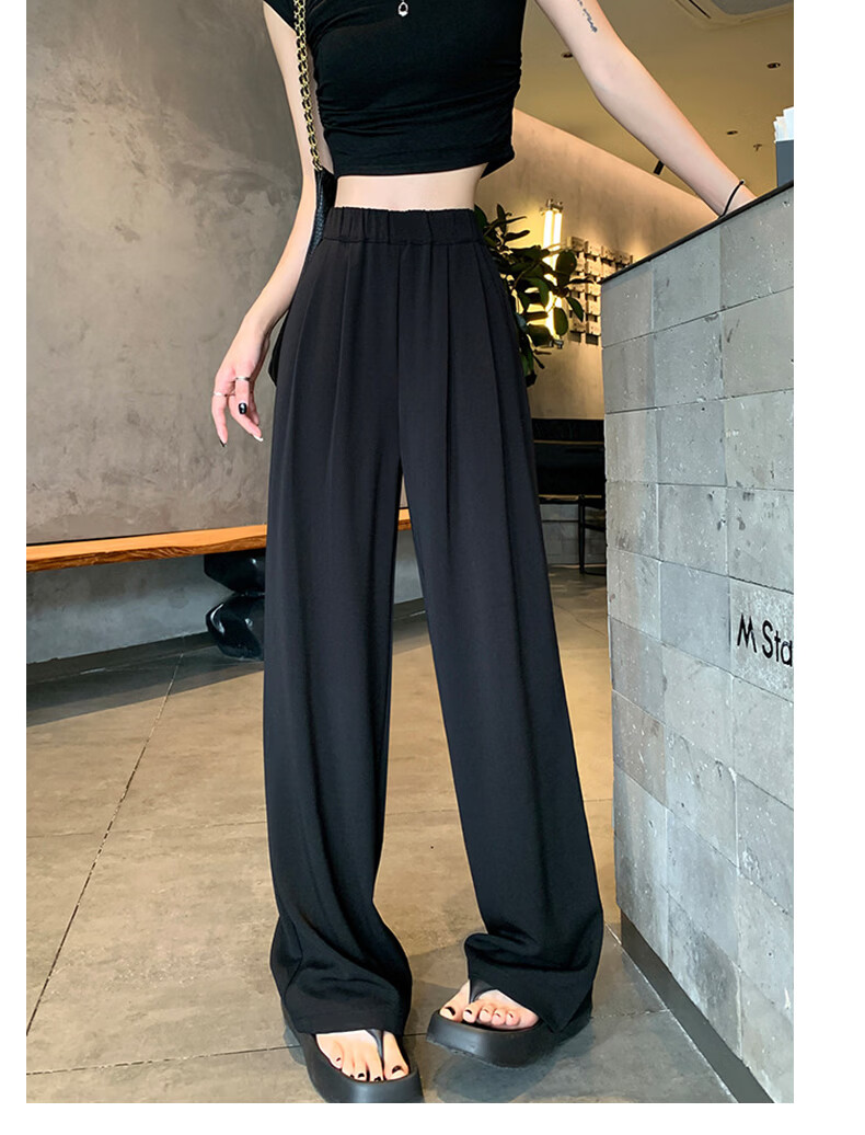 Borui Women's Summer Lightweight Ice-Feel Lazy Style Casual Pants Draped Loose Fit Trousers Chinese Style Wide-Leg Pants Black S 17