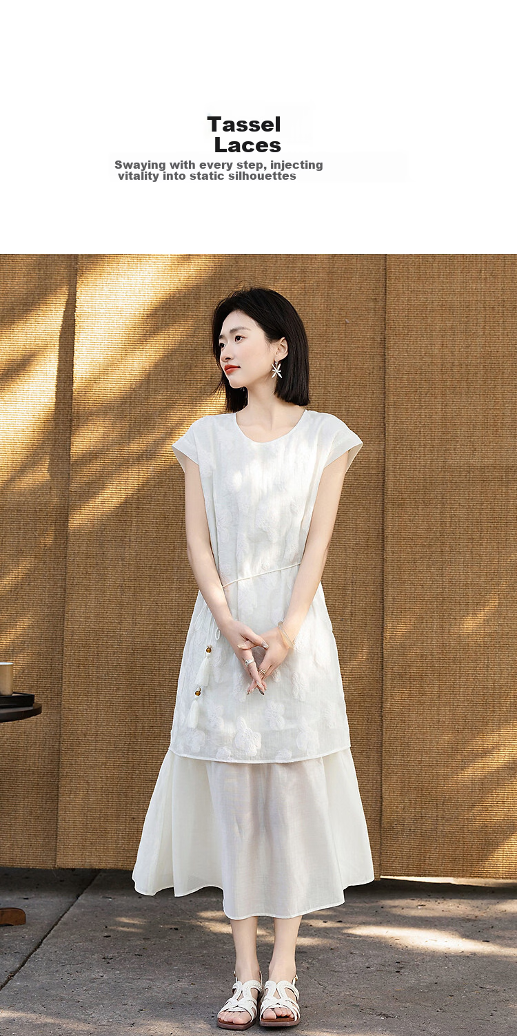 Demana Summer Elegant Floral Texture Tassel Waist Tie Loose Slim Shirt with Lyocell Hem Splicing for Women Premium 5