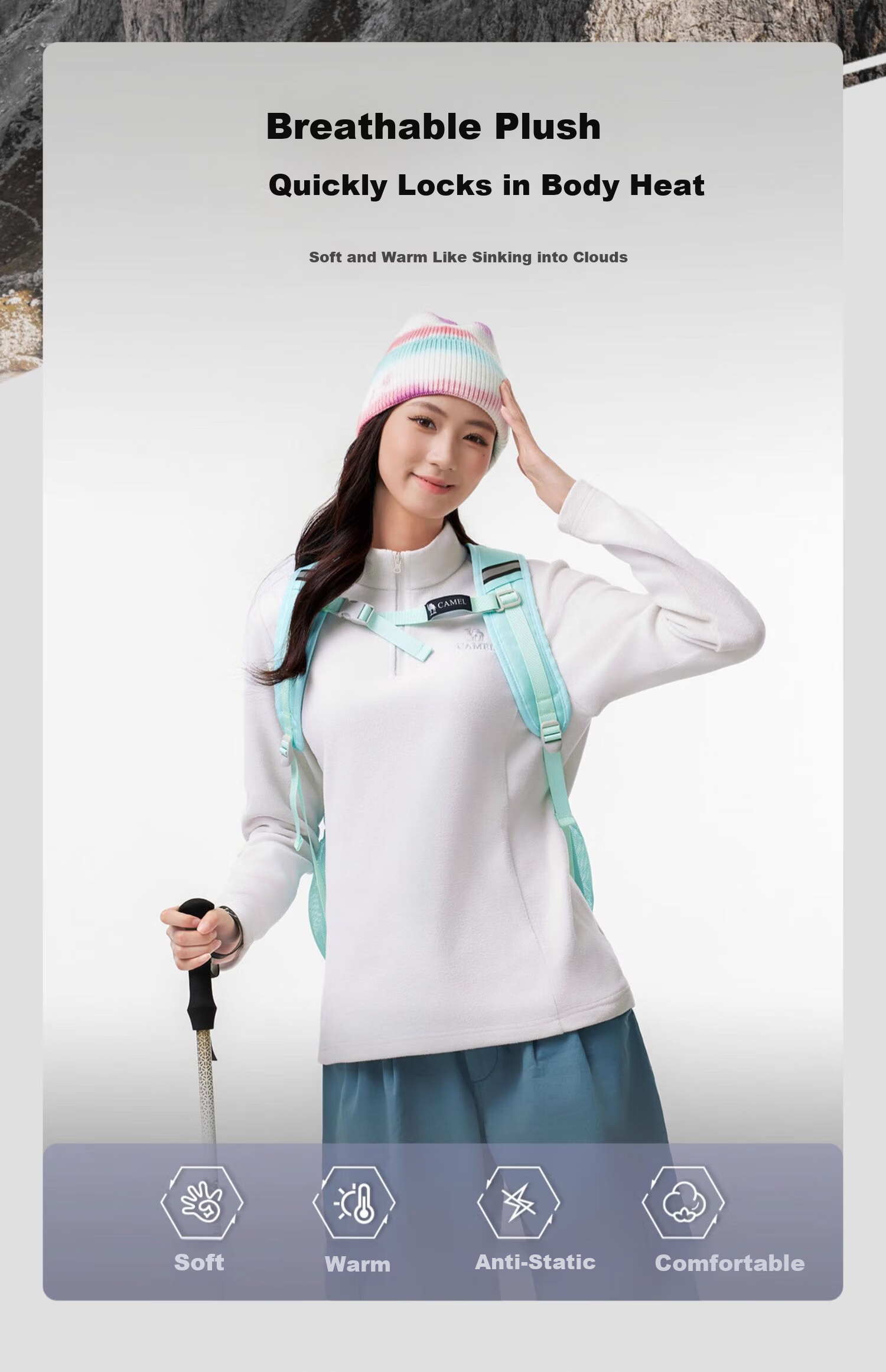 CAMEL Women's Outdoor Fleece Jacket High Collar Windproof Heated Warm Anti-Static Softshell Liner Men's Polar Fleece Coat K172 6