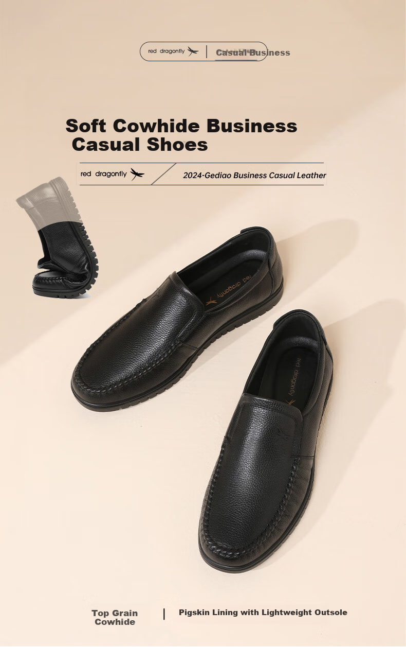 RED DRAGONFLY Soft Cowhide Men's Slip-On Leather Shoes, Soft-Soled Business Casual Loafers for Men, WTA241321, Black, Size 41 1