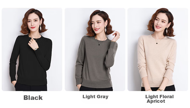 Hengyuanxiang 100% Pure Wool Women's Sweater Autumn Winter Crew Neck Casual Elegant Knit Warm Base Shirt Top 5