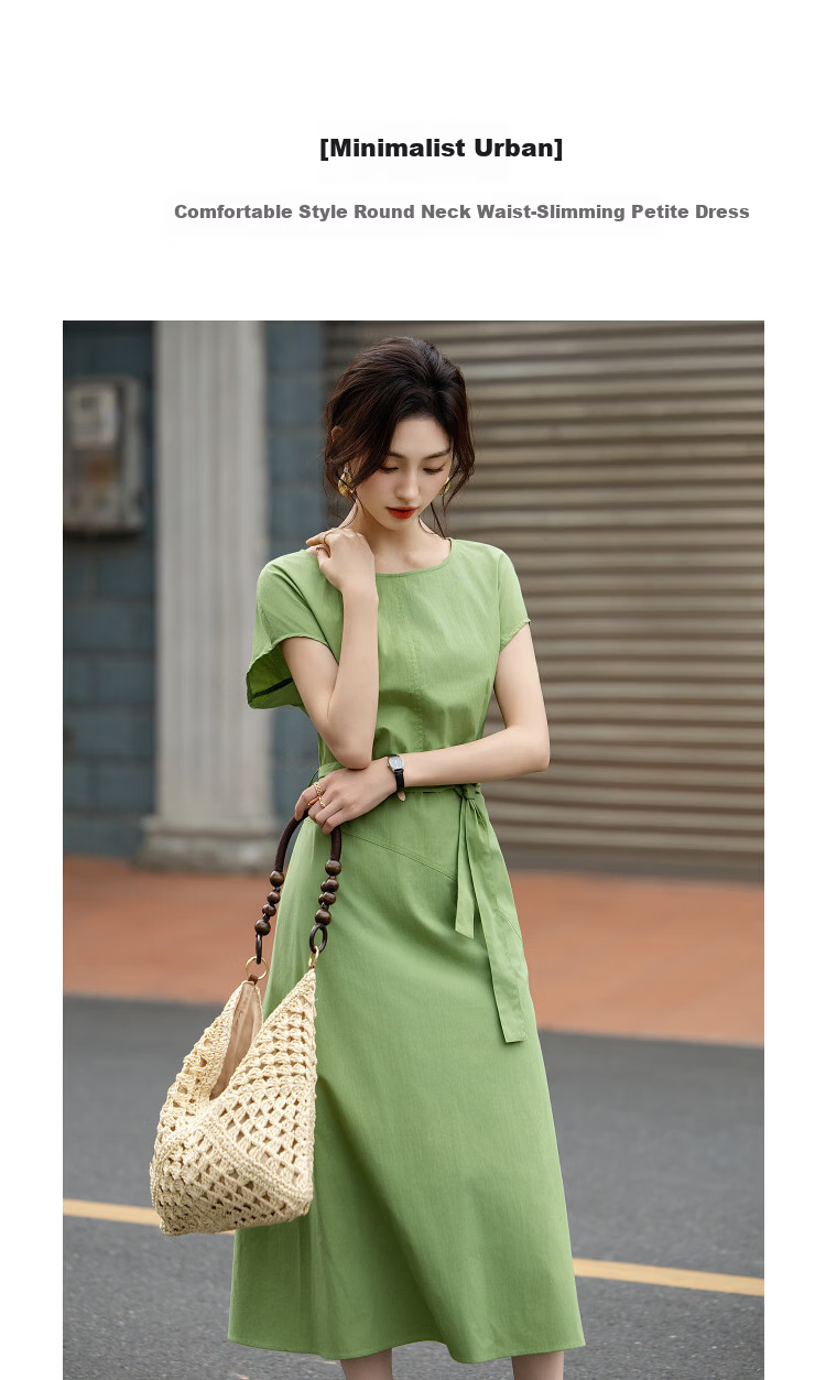 Demana Minimalist Urban Summer Comfortable Cotton-Blend Stretch Round Neck Waist-Slimming Petite Dress for Women High-End Feel 2