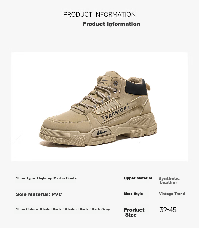 Warrior Men's Martin Boots Winter High-Top Outdoor Warm Work Hiking Shoes 0714 Khaki Black Size 40 9