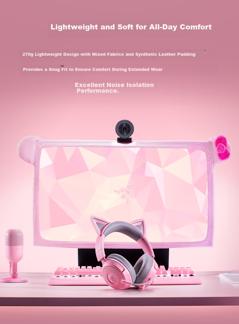 Razer Kraken V3X Wired Gaming Headset Cat Ear Edition 7.1 Surround Sound CSGO PUBG Headphones Compatible with Delta White 6