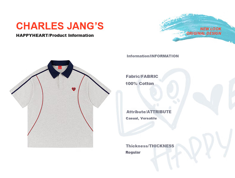 Charles Heart Summer Business Casual Patchwork Short Sleeve Polo Shirt Unisex Pure Cotton Versatile Couple Black XL 7