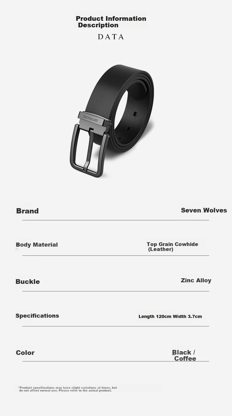 Seven Wolves Men's Genuine Leather Belt, 3.7cm Wide Pin Buckle, Birthday and Valentine's Day Gift for Boyfriend or Husband 12