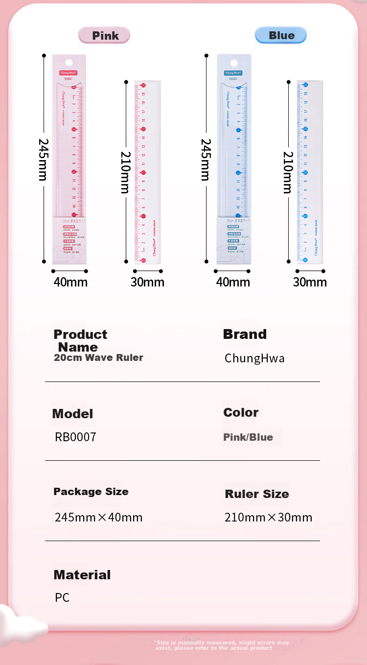 Chung Hwa Explosion-Proof Wear-Resistant High-Precision Plastic Ruler 15cm Multi-Spec Student Drawing Measuring Ruler Wave Transparent Acrylic RB0006 Blue 10