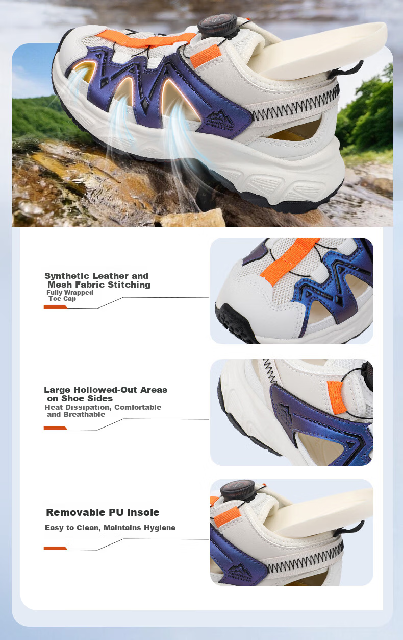 DR·KONG Full Contact Summer Sandals for Boys and Girls, Sports Style, Slip-On with Rotary Buckle, Model 2S10B2004FM, Beige/Blue, Size 32 9