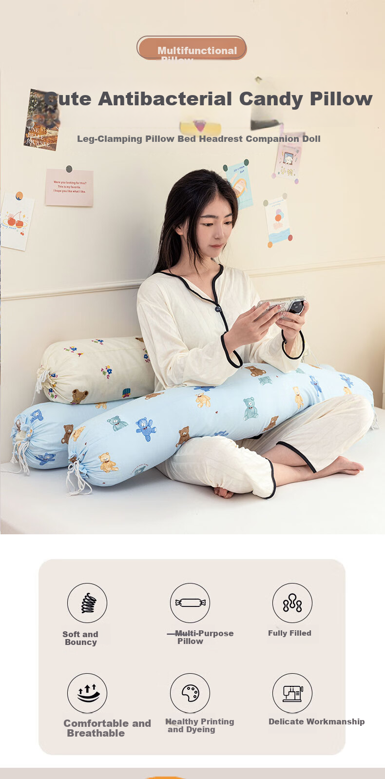 Jinhao Antibacterial Candy Long Body Pillow Side Sleep Leg Hugging Pillow Removable Washable 1.1m Teddy Bear 1
