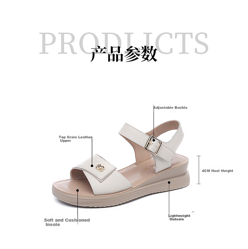 Red Dragonfly Women's Summer Sandals Flat Soft Leather Soft Sole Middle-aged and Elderly Beach Shoes WTK240752 Off-white 38 5