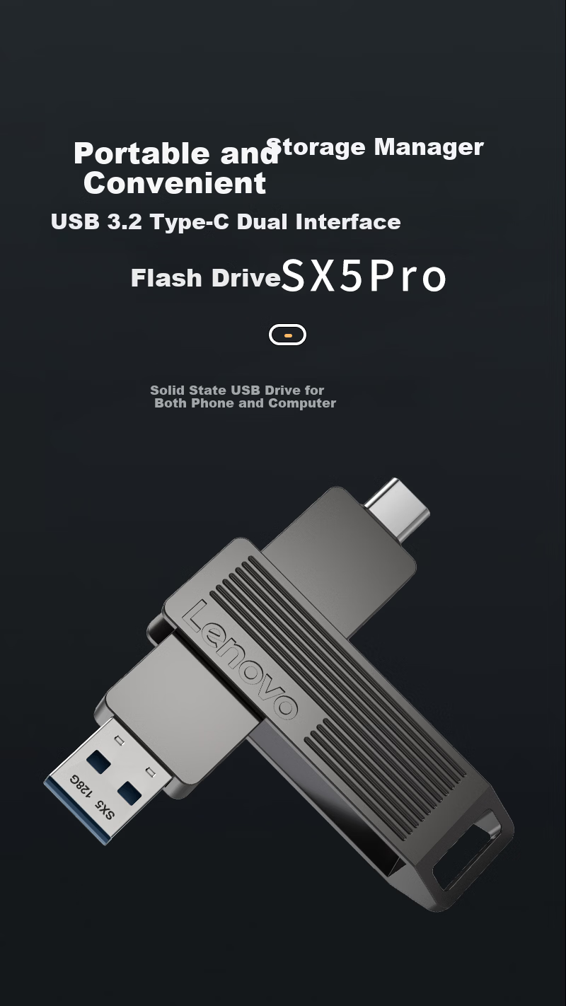 Lenovo 128GB Solid State USB Flash Drive Type-C/USB3.2 Dual Interface Rotating USB Drive for Mobile and PC 500MB/s Read Speed SX5Pro Series Gray 2
