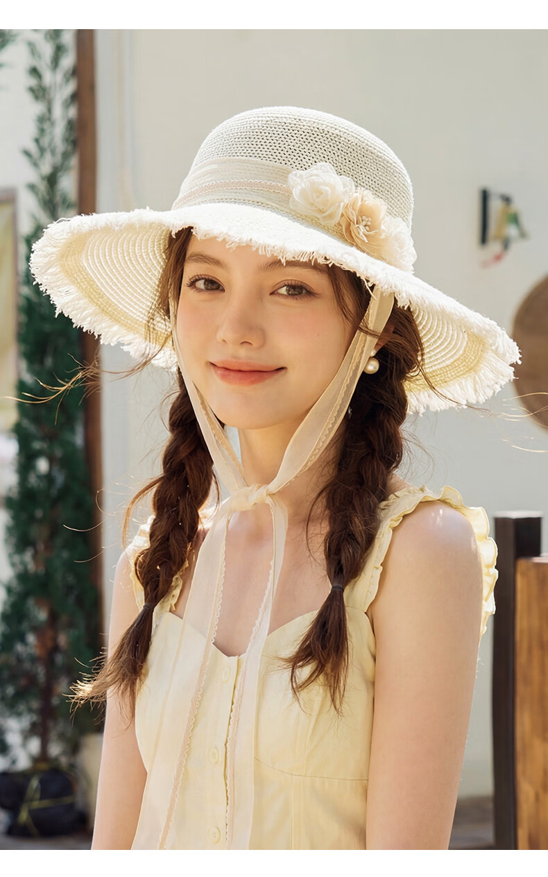 CACUSS Women's Straw Hat Summer Large Brim Straw Woven Hat French Style Face Slimming Sun Hat Beach Sun Hat Summer Floral Brim 7