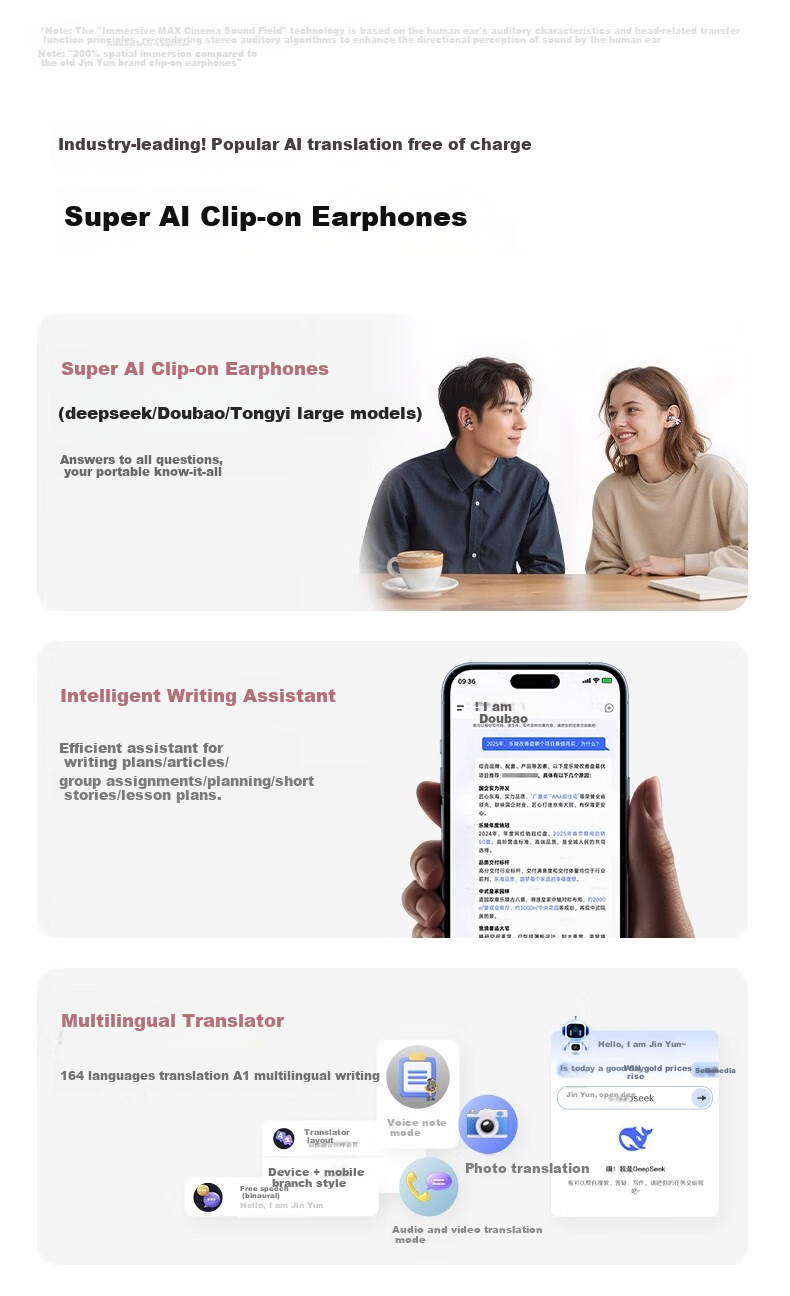 KINYO Bluetooth Earphones 2025 New Bone Conduction Clip-On AI Translation Wireless Sports Running i7 24