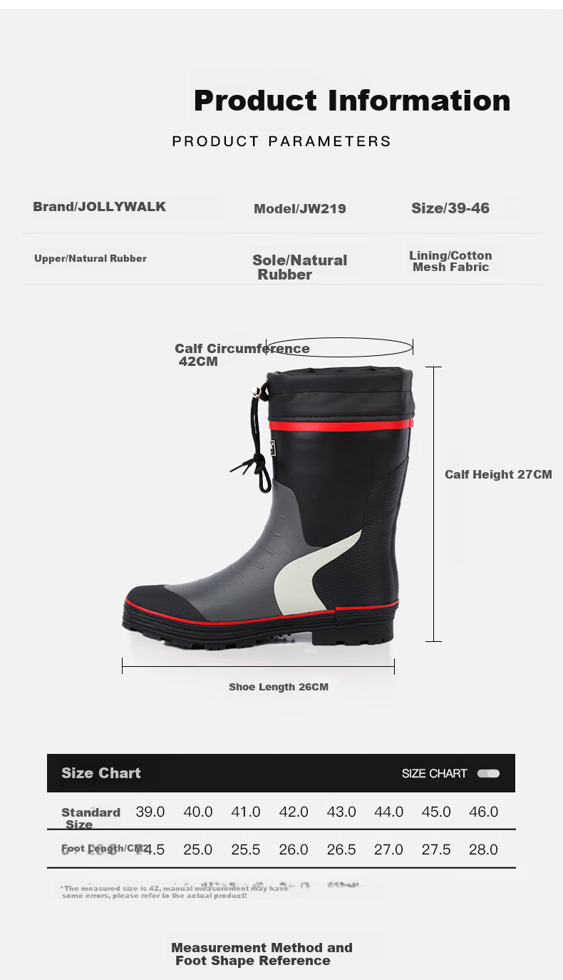 Jolly Walk Water Shoes, Rain Boots for Men, Mid-Calf Waterproof Fishing Boots, Overshoes, Rubber Boots, JW219, Red And Black, Size 40 12