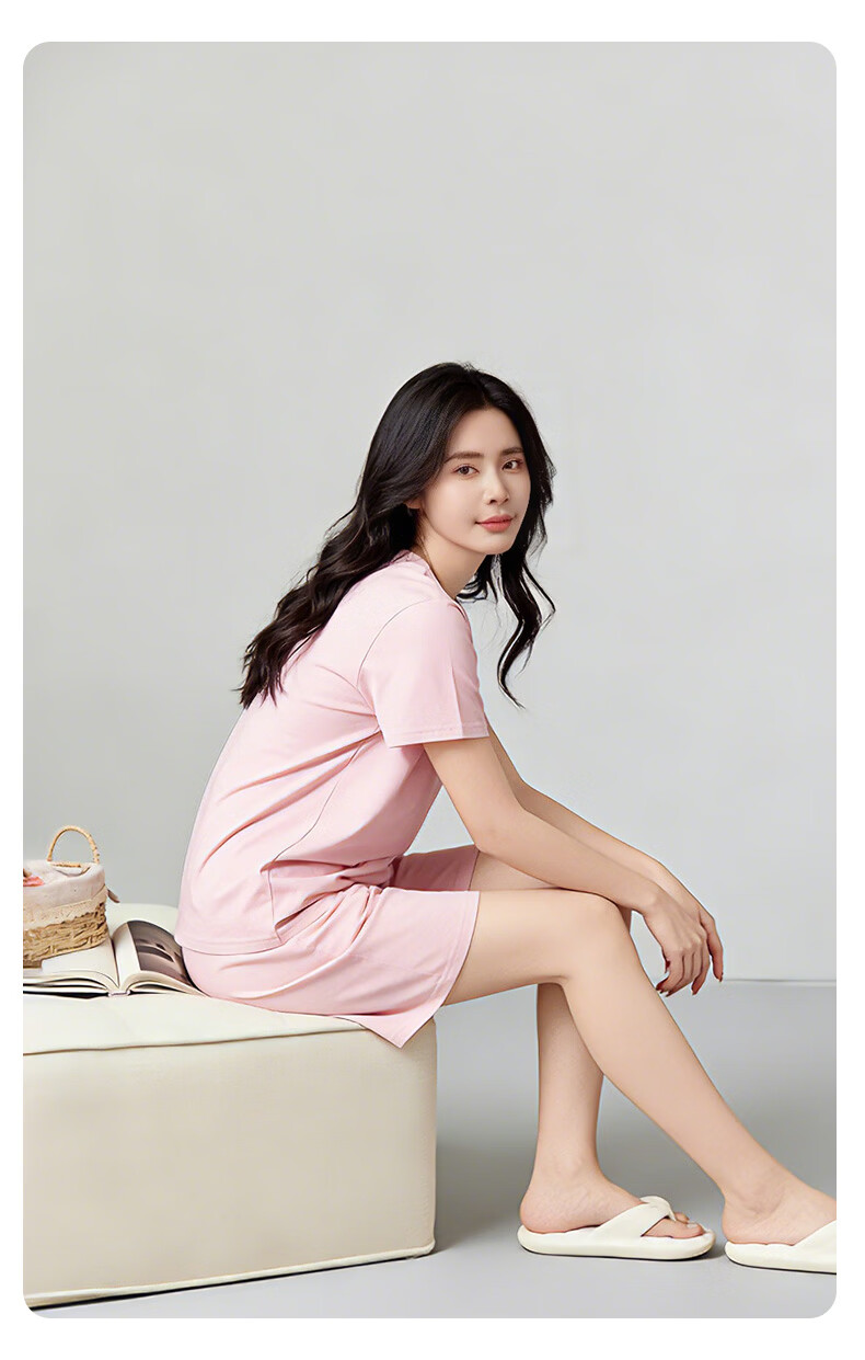 Han Cai Women's Summer Cooling Modal High-End Pajama Set Cherry Pink M [Cooling Short Sleeve and Shorts] 6