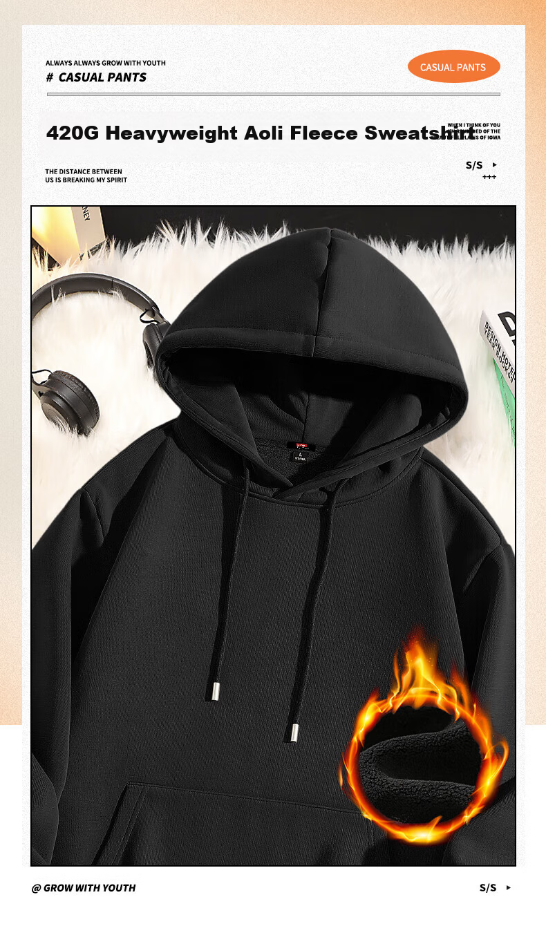 Baleno Hooded Sweatshirt for Men, Winter Fleece-Lined Thick Warm Solid Color Pullover Men's Jacket, Trendy Loose Versatile Menswear 3